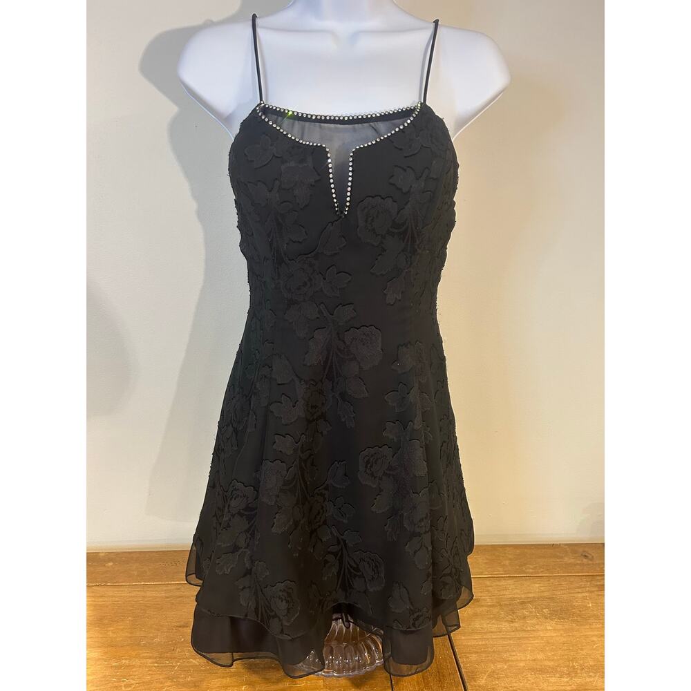 ZUM ZUM Sz 3-4 Black Satin Velvet Burnout Mini Dress Cocktail Rhinestone Vintage